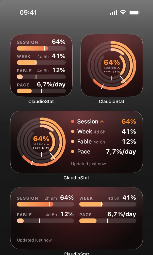 iPhone 主屏幕上的 ClaudioStat 小组件：小号条形和圆环，中号圆环和条形