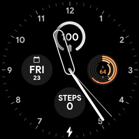 一个 Wear OS 表盘，带日期、电量和步数，以及显示会话 64% 的 ClaudioStat 圆环